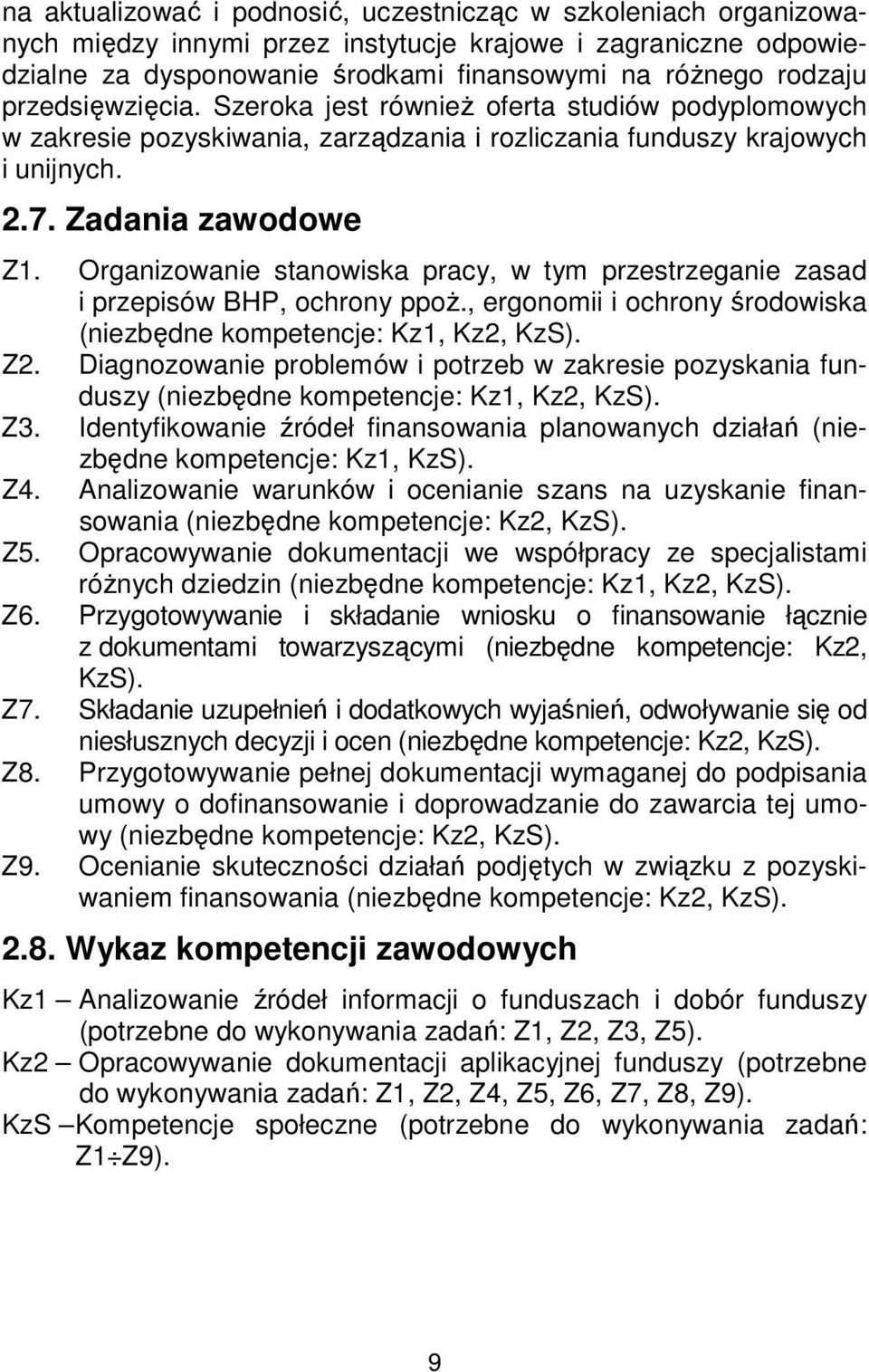 Organizowanie stanowiska pracy, w tym przestrzeganie zasad i przepisów BHP, ochrony ppoż., ergonomii i ochrony środowiska (niezbędne kompetencje: Kz1, Kz2, KzS). Z2.