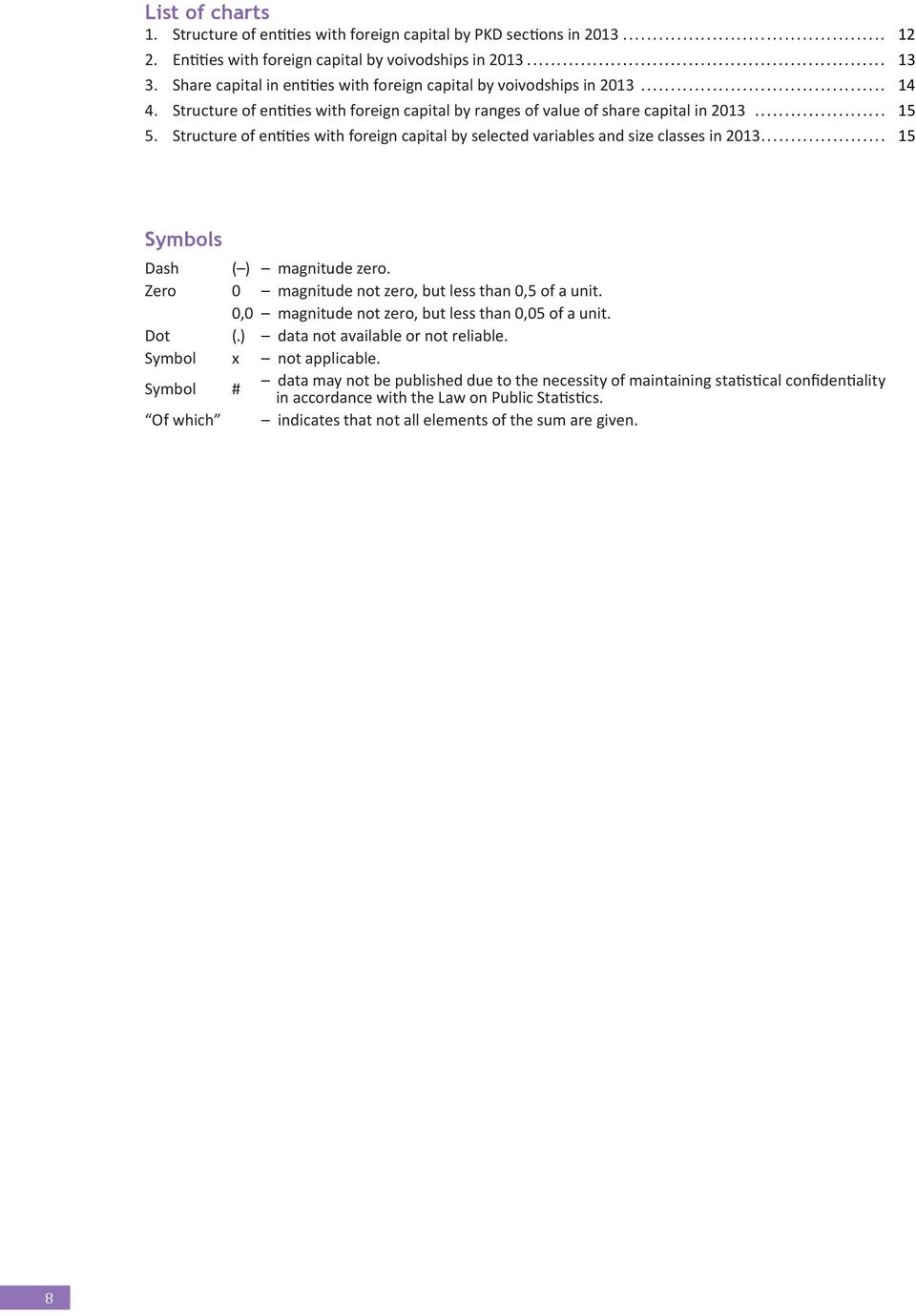 Structure of entities with foreign capital by selected variables and size classes in 2013... 15 Symbols Dash ( ) magnitude zero. Zero 0 magnitude not zero, but less than 0,5 of a unit.