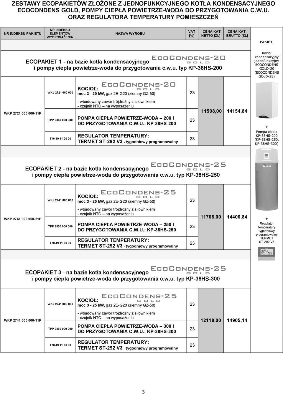 ORAZ REGULATORA TEMPERATURY POMIESZCZEŃ NR INDEKSU PAKIETU NR INDEKSU ELEMENTÓW WYOPOSAŻENIA NAZWA WYROBU PAKIET: ECOPAKIET 1 - na bazie kotła kondensacyjnego i pompy ciepła powietrze-woda do