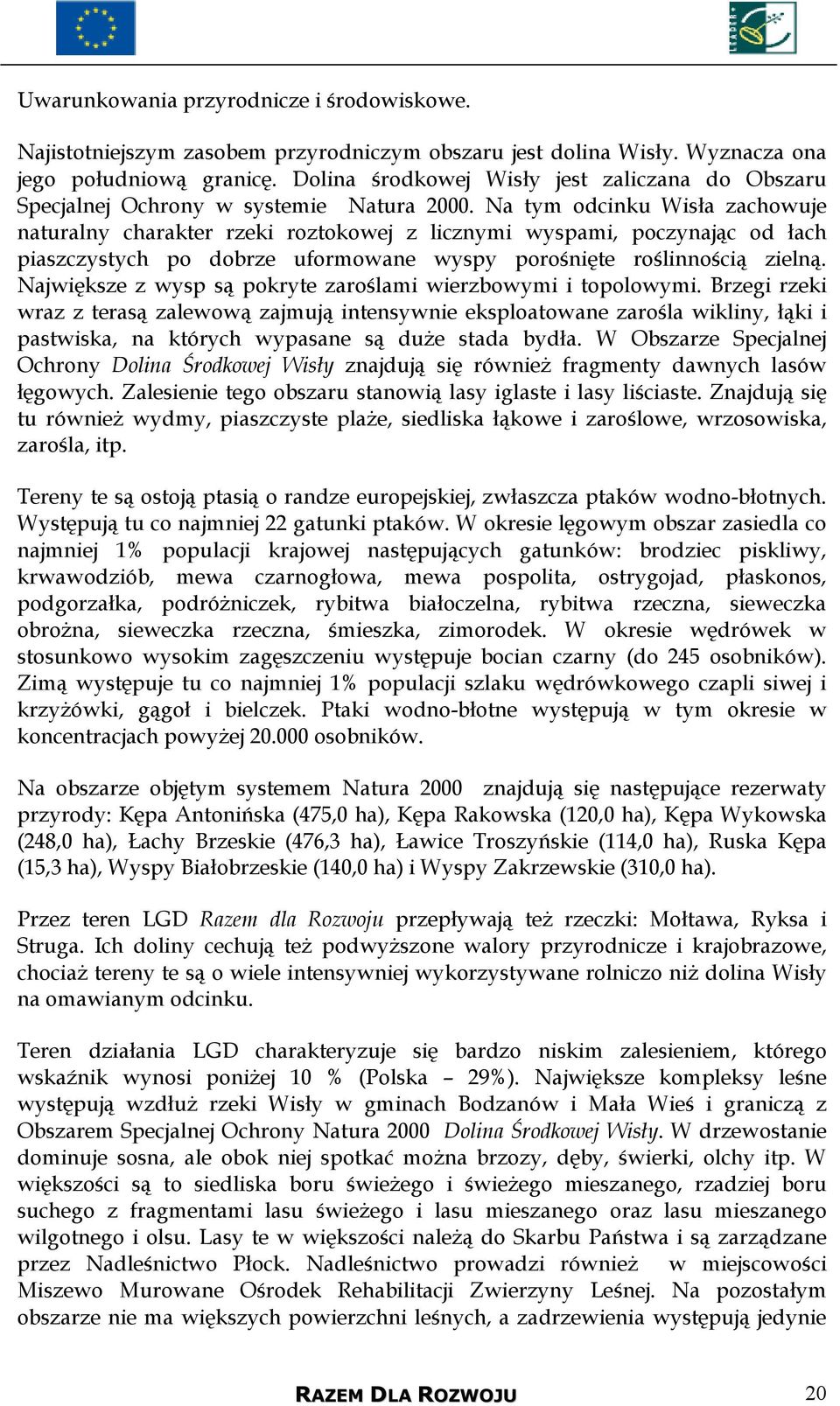 Na tym odcinku Wisła zachowuje naturalny charakter rzeki roztokowej z licznymi wyspami, poczynając od łach piaszczystych po dobrze uformowane wyspy porośnięte roślinnością zielną.