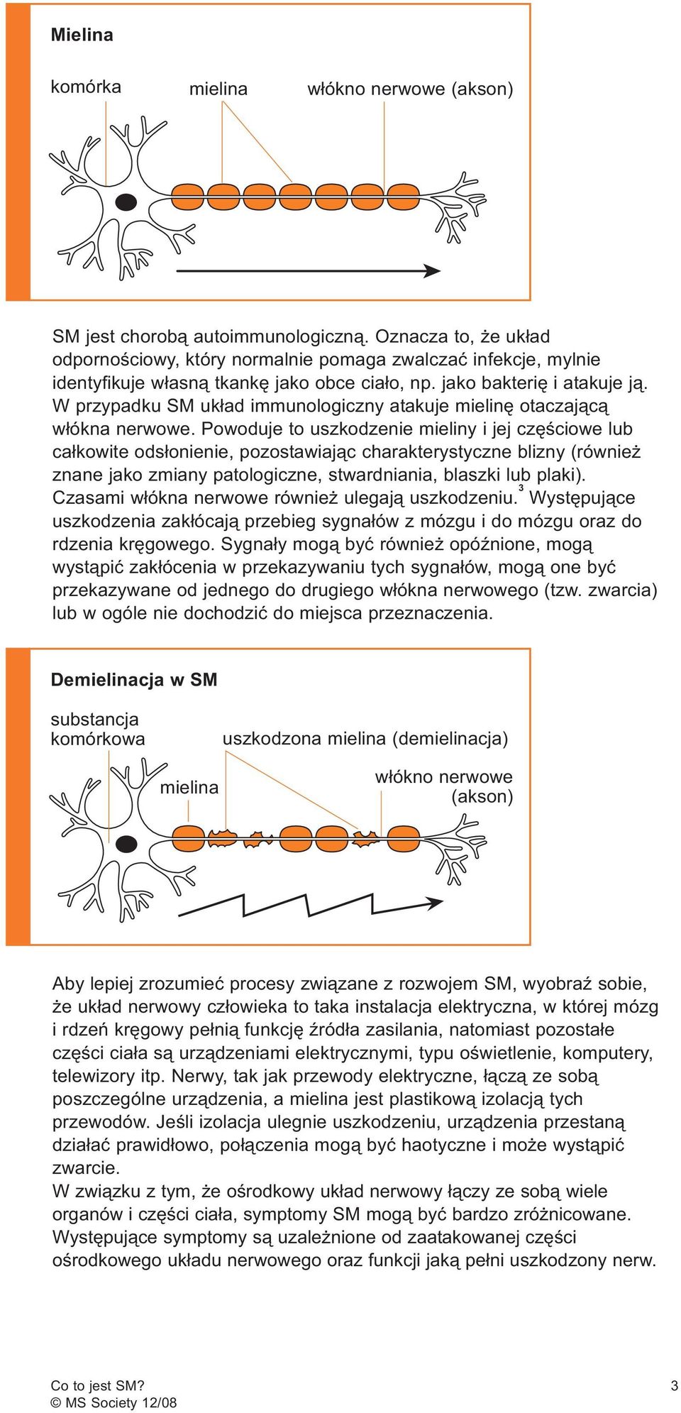 W przypadku SM układ immunologiczny atakuje mielinę otaczającą włókna nerwowe.