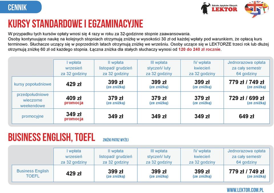 Słuchacze uczący się w poprzednich latach otrzymują zniżkę we wrześniu. Osoby uczące się w LEKTORZE trzeci rok lub dłużej otrzymują zniżkę 60 zł od każdego stopnia.