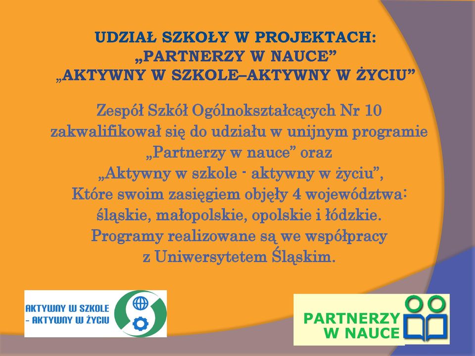 Aktywny w szkole - aktywny w życiu, Które swoim zasięgiem objęły 4 województwa: śląskie,