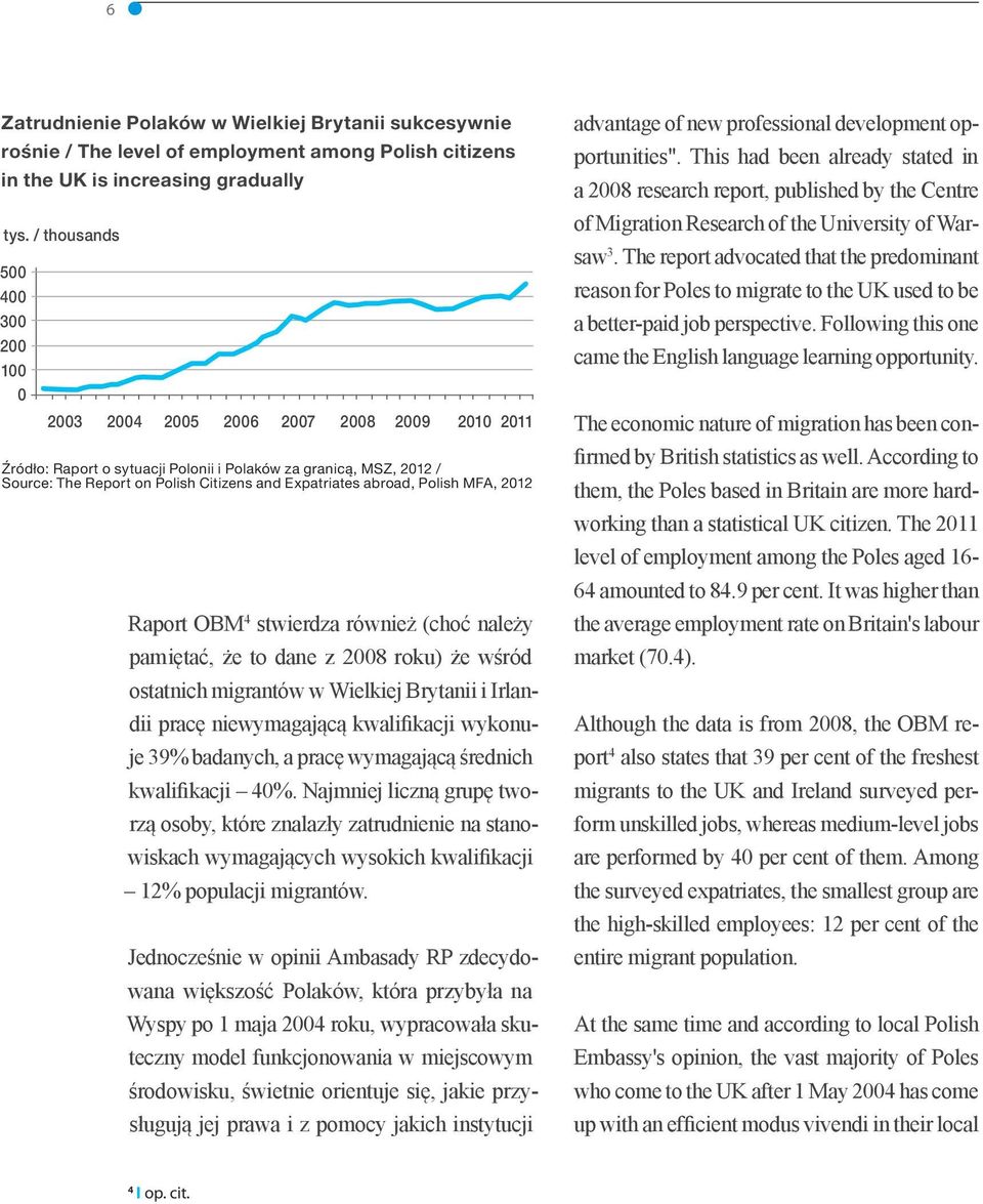 Expatriates abroad, Polish MFA, 2012 Raport OBM 4 stwierdza również (choć należy pamiętać, że to dane z 2008 roku) że wśród ostatnich migrantów w Wielkiej Brytanii i Irlandii pracę niewymagającą