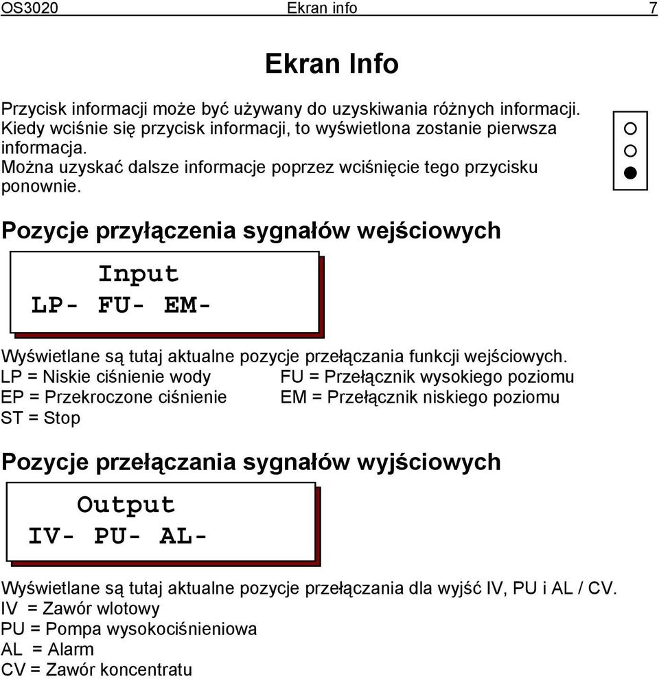 Pozycje przyłączenia sygnałów wejściowych Input LP- FU- EM- Wyświetlane są tutaj aktualne pozycje przełączania funkcji wejściowych.