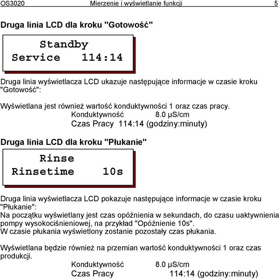 0 μs/cm Czas Pracy 114:14 (godziny:minuty) Druga linia LCD dla kroku "Płukanie" Rinse Rinsetime 10s Druga linia wyświetlacza LCD pokazuje następujące informacje w czasie kroku "Płukanie": Na początku