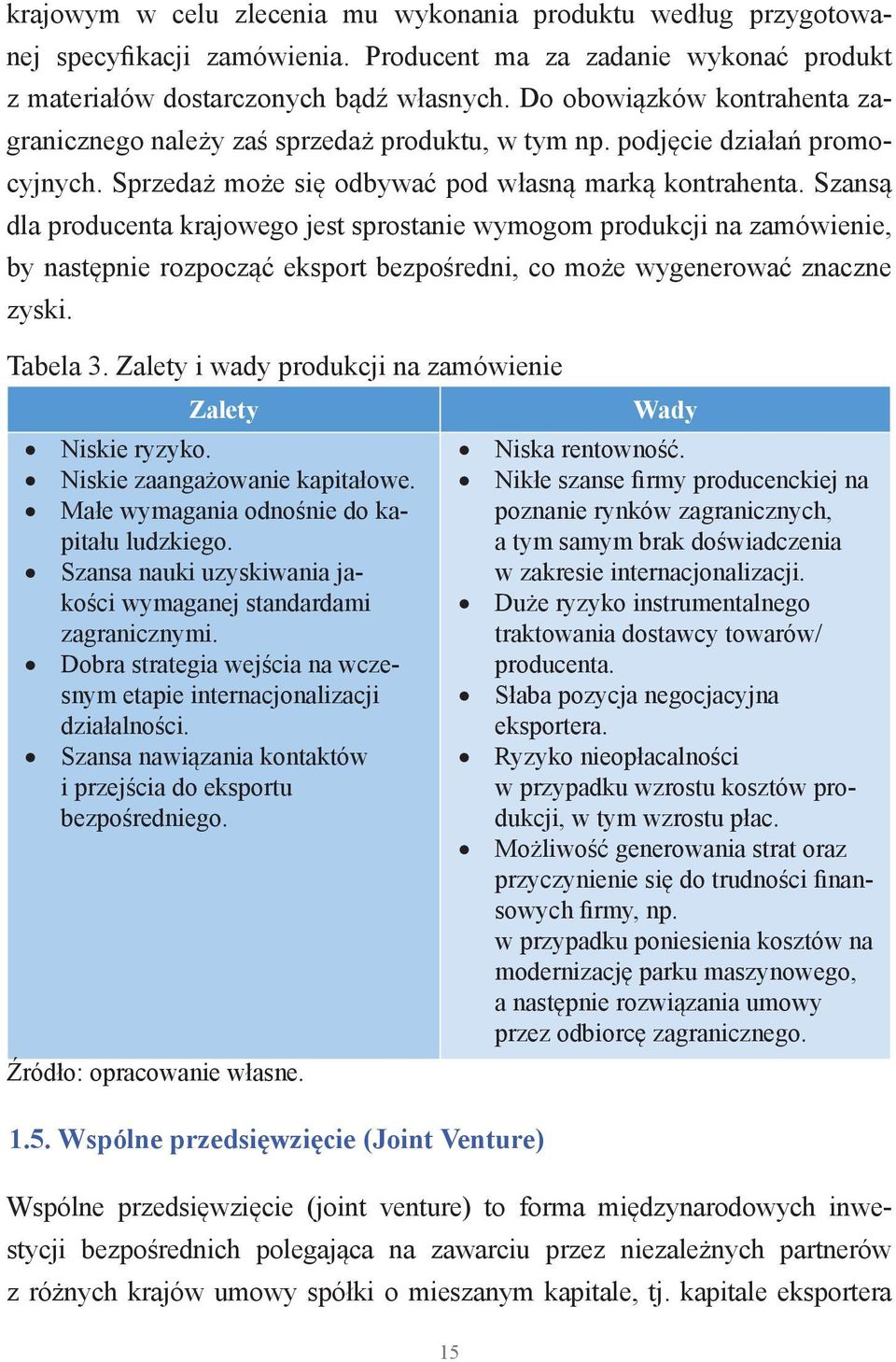 Szansą dla producenta krajowego jest sprostanie wymogom produkcji na zamówienie, by następnie rozpocząć eksport bezpośredni, co może wygenerować znaczne zyski. Tabela 3.