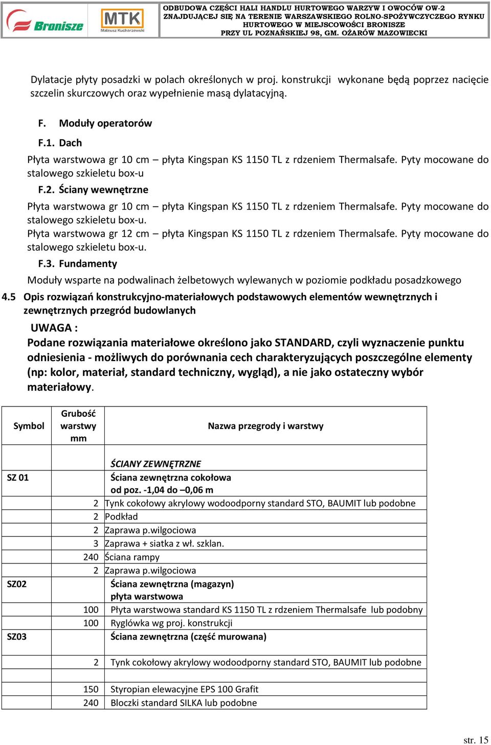 Ściany wewnętrzne Płyta warstwowa gr 10 cm płyta Kingspan KS 1150 TL z rdzeniem Thermalsafe. Pyty mocowane do stalowego szkieletu box-u.