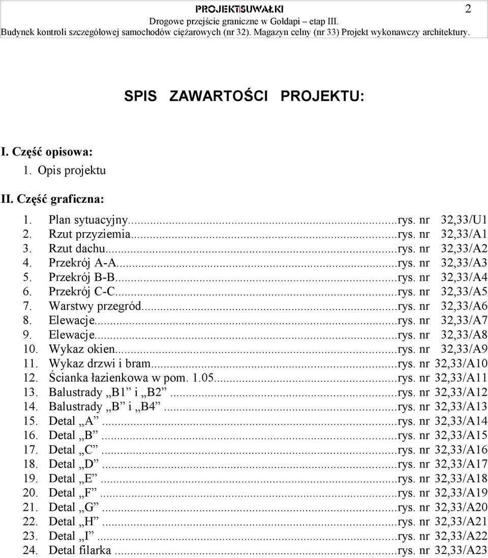 Wykaz okien...rys. nr 32,33/A9 11. Wykaz drzwi i bram...rys. nr 32,33/A10 12. Ścianka łazienkowa w pom. 1.05...rys. nr 32,33/A11 13. Balustrady B1 i B2...rys. nr 32,33/A12 14. Balustrady B i B4...rys. nr 32,33/A13 15.