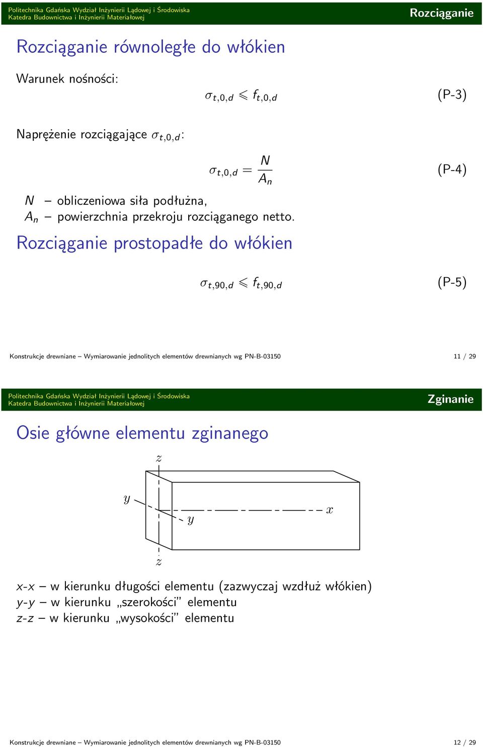 Rozciąganie prostopadłe do włókien σ t,90,d f t,90,d (P-5) Konstrukcje drewniane Wymiarowanie jednolitych elementów drewnianych wg PN-B-03150 11 / 29 Zginanie