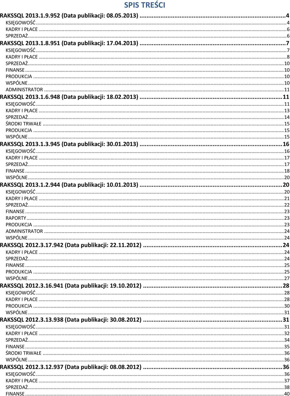 .. 13 SPRZEDAŻ... 14 ŚRODKI TRWAŁE... 15 PRODUKCJA... 15 WSPÓLNE... 15 RAKSSQL 2013.1.3.945 (Data publikacji: 30.01.2013)... 16 KSIĘGOWOŚĆ... 16 KADRY I PŁACE... 17 SPRZEDAŻ... 17 FINANSE... 18 WSPÓLNE.