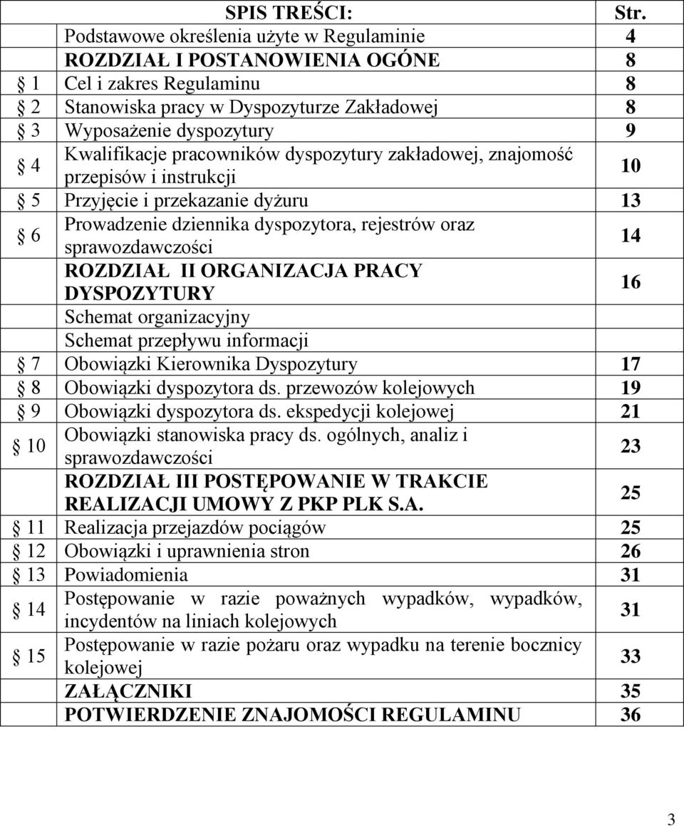 pracowników dyspozytury zakładowej, znajomość przepisów i instrukcji 10 5 Przyjęcie i przekazanie dyżuru 13 6 Prowadzenie dziennika dyspozytora, rejestrów oraz sprawozdawczości 14 ROZDZIAŁ II