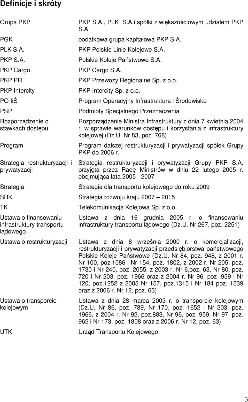 w sprawie warunków dostpu i korzystania z infrastruktury kolejowej (Dz.U. Nr 83, poz. 768) Program dalszej restrukturyzacji i prywatyzacji spółek Grupy PKP do 2006 r.