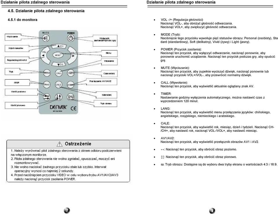 MODE (Tryb): Naciśnięcie tego przycisku wywołuje pięć statusów obrazu: Personal (osobisty), Sta dard (standardowy), Soft (delikatny), Vivid (żywy) i Light (jasny).