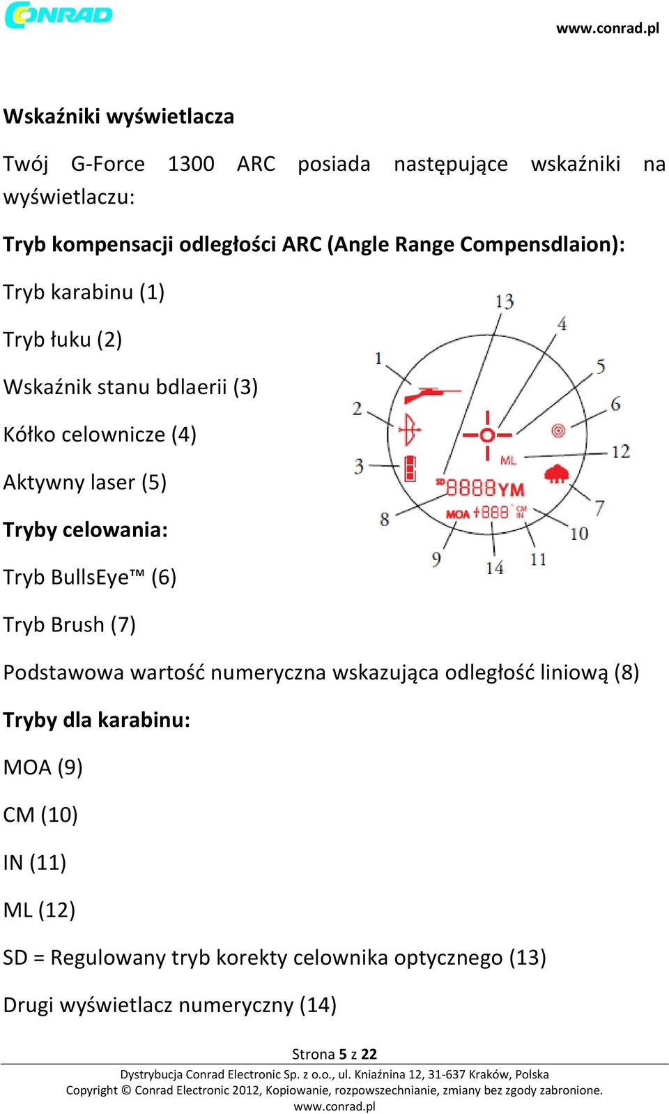 Tryby celowania: Tryb BullsEye (6) Tryb Brush (7) Podstawowa wartość numeryczna wskazująca odległość liniową (8) Tryby dla