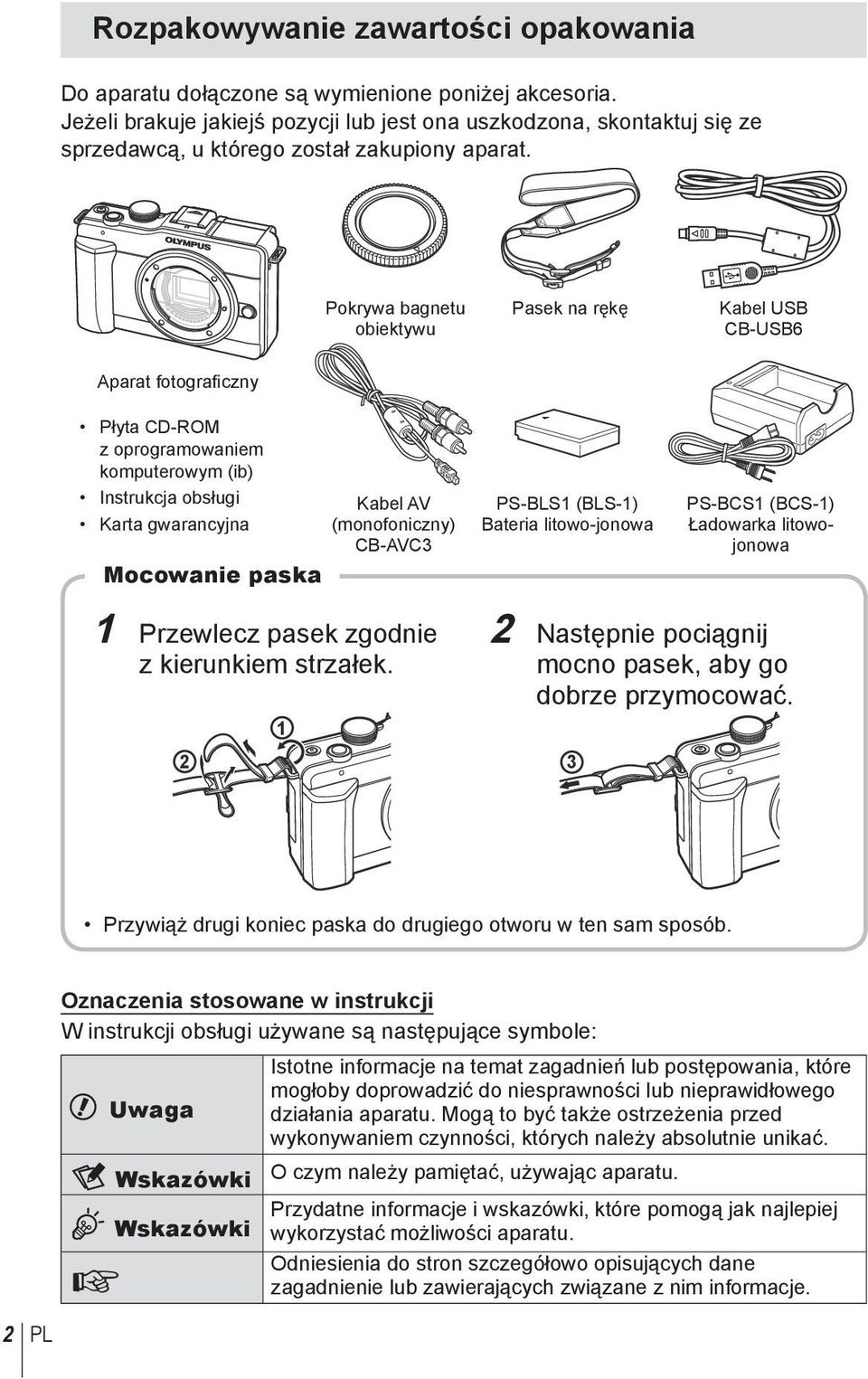 Pokrywa bagnetu obiektywu Pasek na rękę Kabel USB CB-USB6 Aparat fotograficzny Płyta CD-ROM z oprogramowaniem komputerowym (ib) Instrukcja obsługi Karta gwarancyjna Mocowanie paska Kabel AV