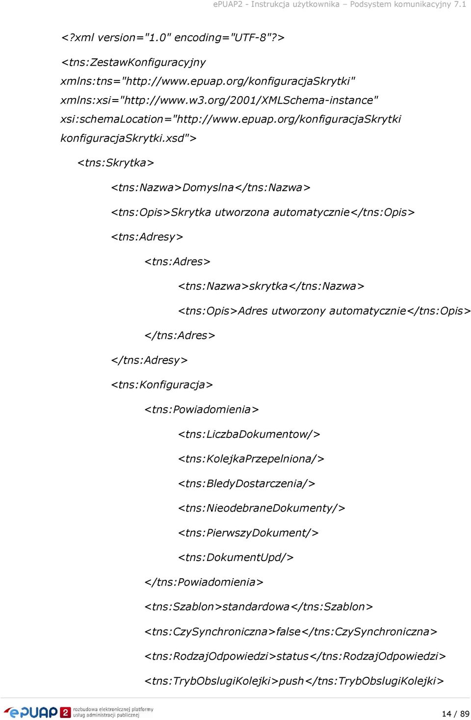 xsd"> <tns:skrytka> <tns:nazwa>domyslna</tns:nazwa> <tns:opis>skrytka utworzona automatycznie</tns:opis> <tns:adresy> <tns:adres> <tns:nazwa>skrytka</tns:nazwa> <tns:opis>adres utworzony