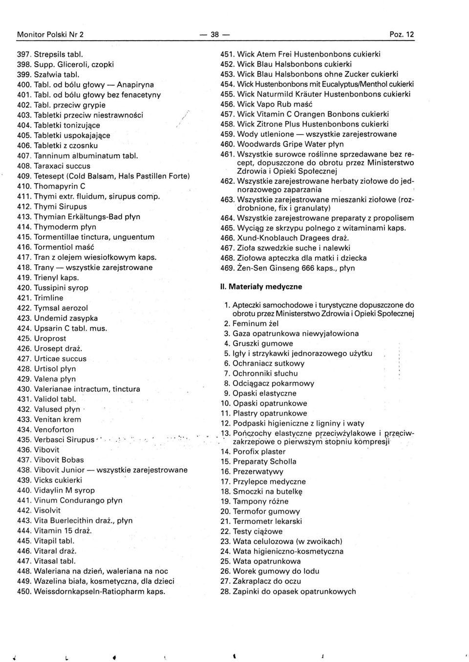 Tetesept (Cold Balsam, Hals Pastillen Forte) 410. Thomapyrin C 411. Thymi extr. fluidum, sirupus com'p. 412. Thymi Sirupus 4,13. Thymian Erkaltungs-Bad płyn 414. Thymoderm płyn 415.