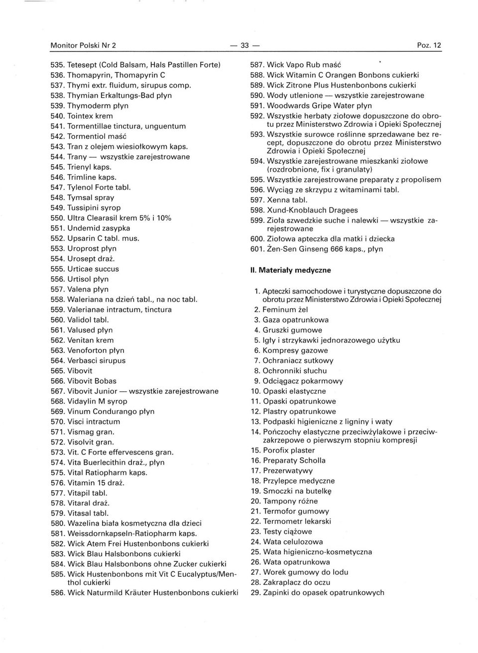 Trimline kaps. 547. Tylenol Forte tab!. 548. Tymsal spray 549. Tussipini syrop 550. Ultra Clearasil krem 5% i 10% 551. Undemid zasypka 552. Upsarin C tab!. mus. 553. Uroprost płyn 554. Urosept draż.