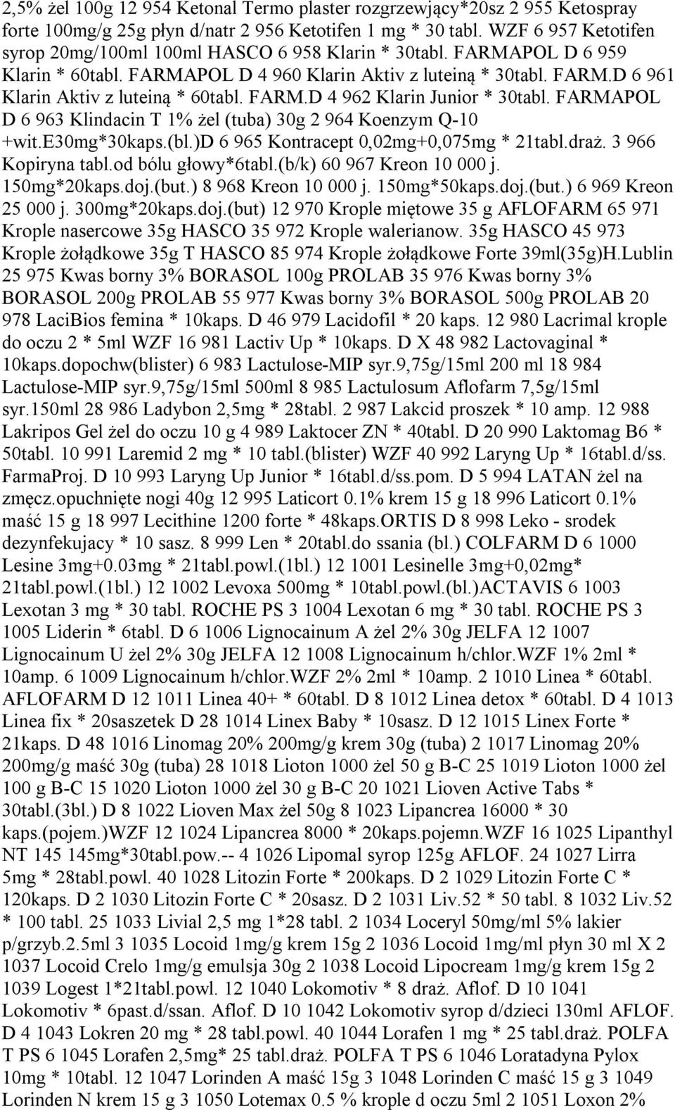 FARM.D 4 962 Klarin Junior * 30tabl. FARMAPOL D 6 963 Klindacin T 1% żel (tuba) 30g 2 964 Koenzym Q-10 +wit.e30mg*30kaps.(bl.)d 6 965 Kontracept 0,02mg+0,075mg * 21tabl.draż. 3 966 Kopiryna tabl.