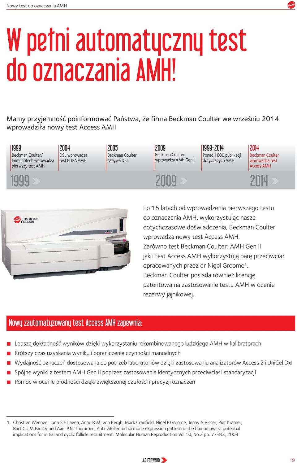 ELISA AMH 2005 Beckman Coulter nabywa DSL 2009 Beckman Coulter wprowadza AMH Gen II 1999-2014 Ponad 1600 publikacji dotyczących AMH 2014 Beckman Coulter wprowadza test Access AMH 1999 2009 2014 Po 15