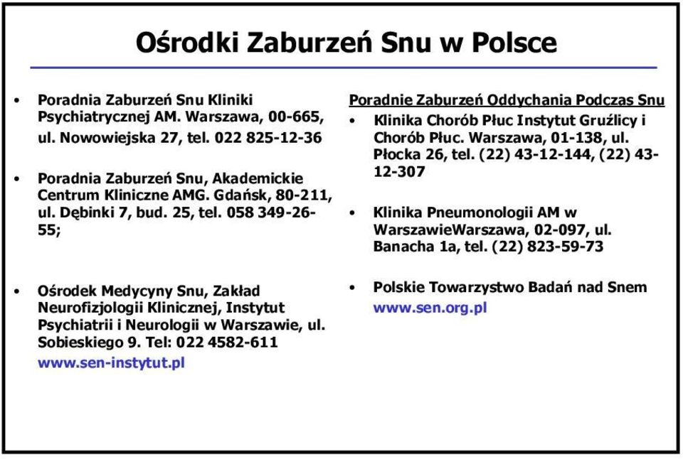 058 349-26- 55; Poradnie Zaburzeń Oddychania Podczas Snu Klinika Chorób Płuc Instytut Gruźlicy i Chorób Płuc. Warszawa, 01-138, ul. Płocka 26, tel.