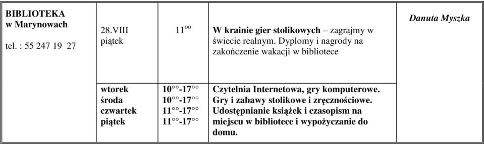 Dyplomy i nagrody na zakończenie wakacji w bibliotece Danuta Myszka 10-17 10-17 11-17