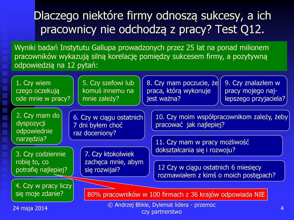 Czy wiem czego oczekują ode mnie w pracy? 5. Czy szefowi lub komuś innemu na mnie zależy? 8. Czy mam poczucie, że praca, którą wykonuje jest ważna? 9.