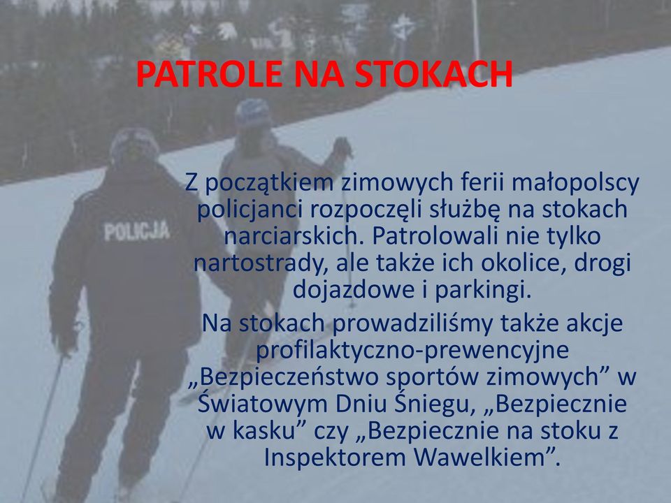 Patrolowali nie tylko nartostrady, ale także ich okolice, drogi dojazdowe i parkingi.