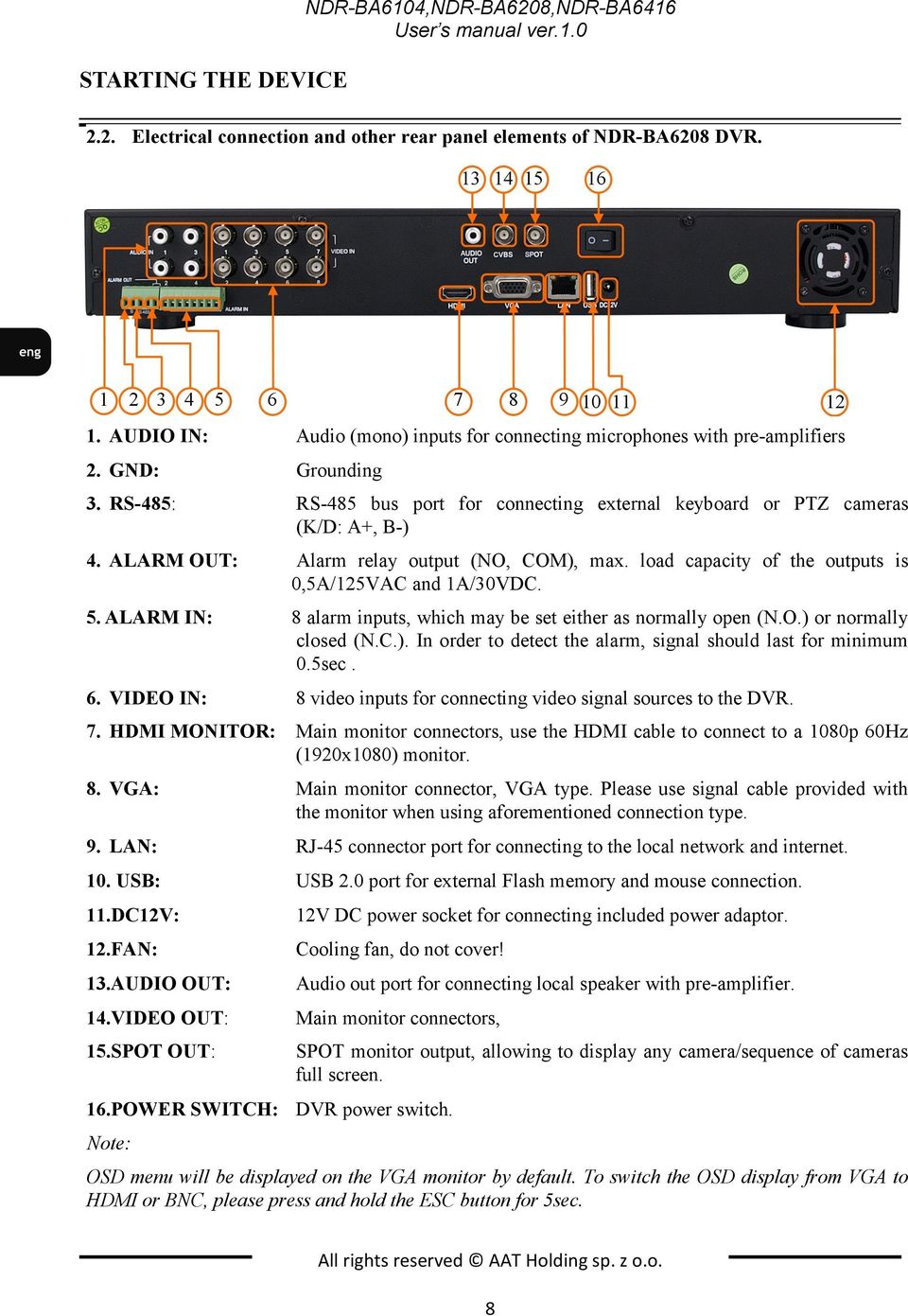 ALARM OUT: Alarm relay output (NO, COM), max. load capacity of the outputs is 0,5A/125VAC and 1A/30VDC. 5. ALARM IN: 8 alarm inputs, which may be set either as normally open (N.O.) or normally closed (N.