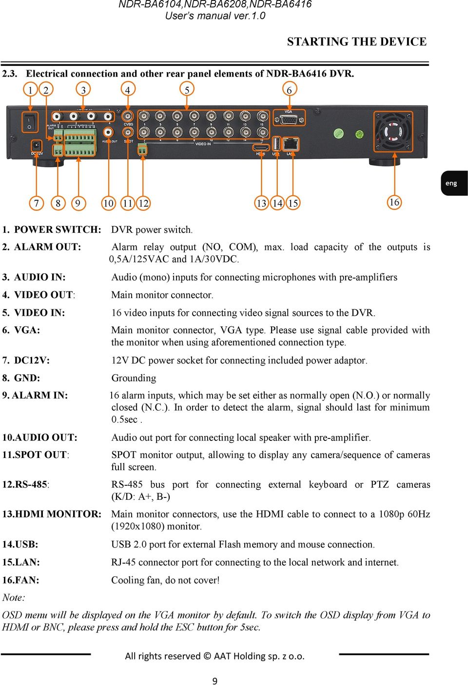 AUDIO IN: Audio (mono) inputs for connecting microphones with pre-amplifiers 4. VIDEO OUT: Main monitor connector. 5. VIDEO IN: 16 video inputs for connecting video signal sources to the DVR. 6.