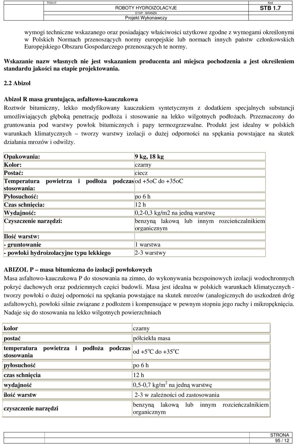 2.2 Abizol Abizol R masa gruntująca, asfaltowo-kauczukowa Roztwór bitumiczny, lekko modyfikowany kauczukiem syntetycznym z dodatkiem specjalnych substancji umożliwiających głęboką penetrację podłoża