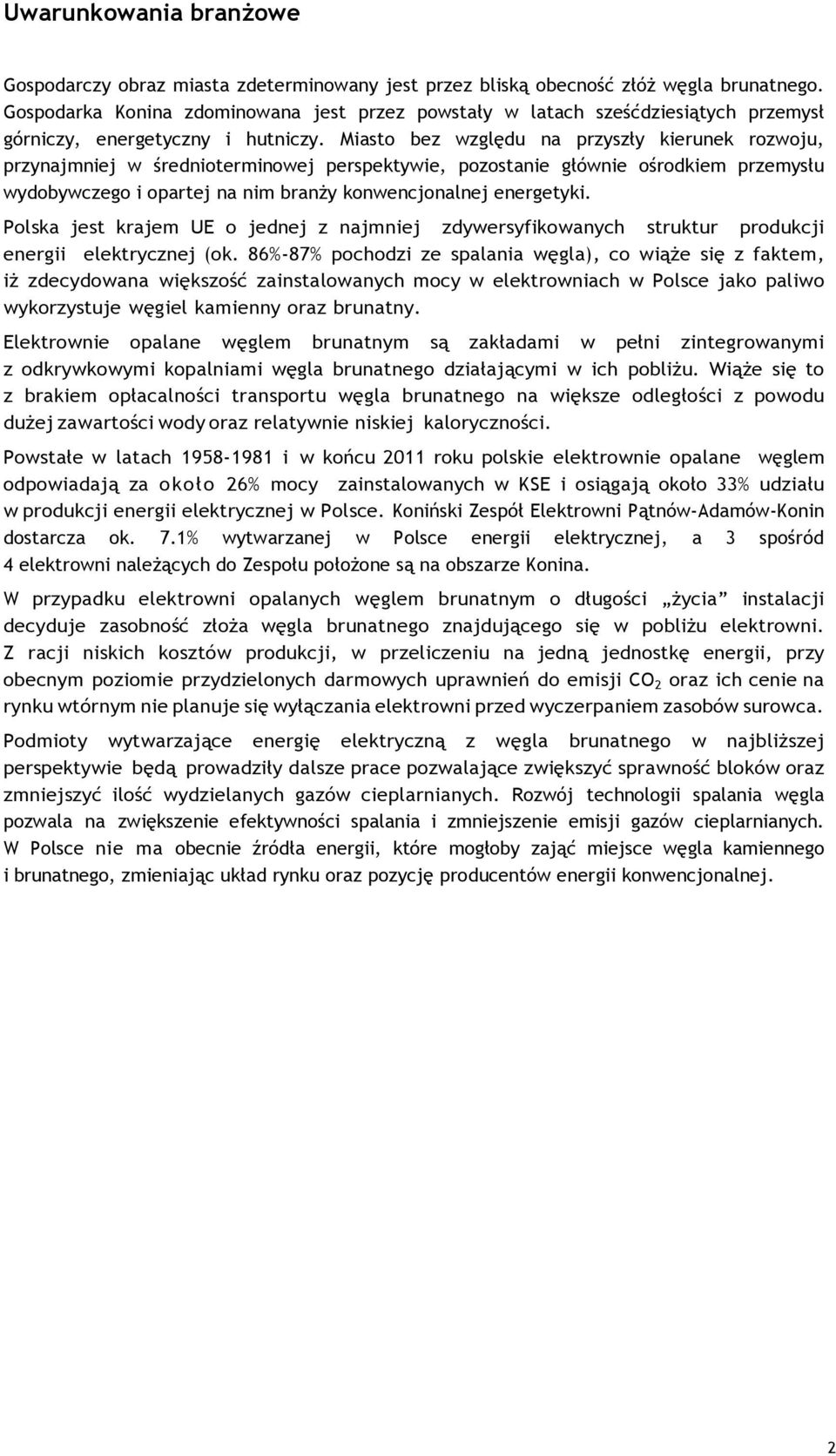 Miasto bez względu na przyszły kierunek rozwoju, przynajmniej w średnioterminowej perspektywie, pozostanie głównie ośrodkiem przemysłu wydobywczego i opartej na nim branży konwencjonalnej energetyki.