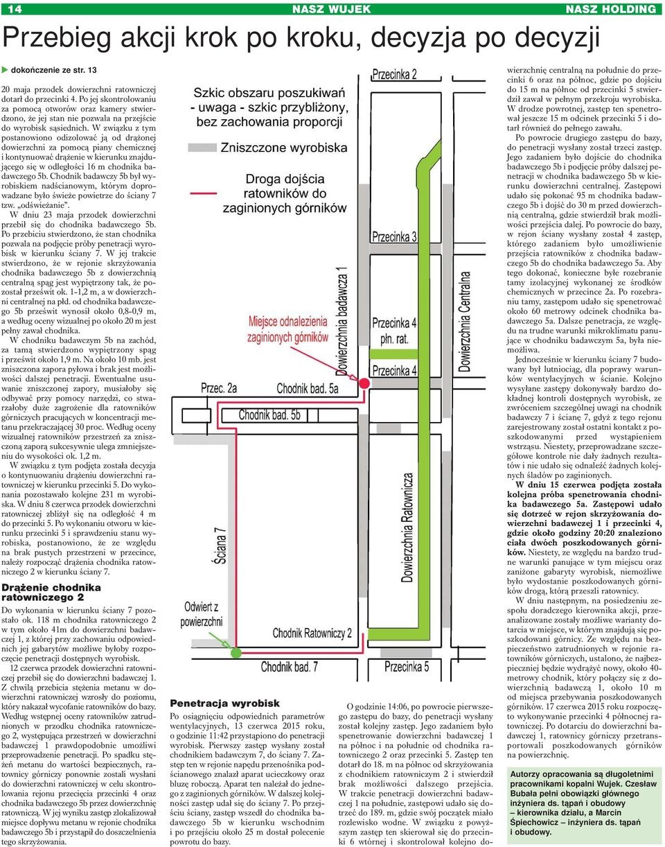 W związku z tym postanowiono odizolować ją od drążonej dowierzchni za pomocą piany chemicznej i kontynuować drążenie w kierunku znajdującego się w odległości 16 m chodnika badawczego 5b.