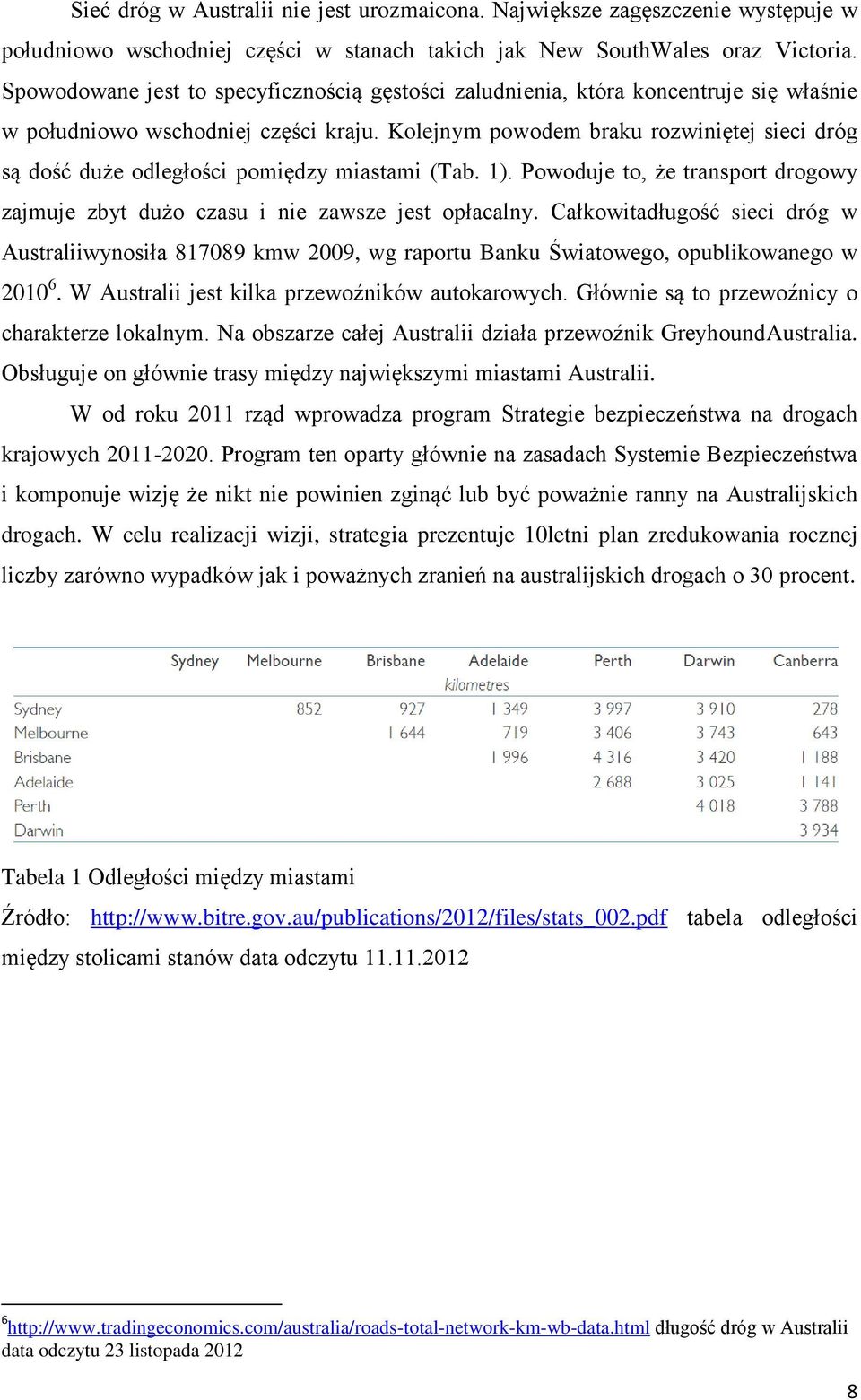 Kolejnym powodem braku rozwiniętej sieci dróg są dość duże odległości pomiędzy miastami (Tab. 1). Powoduje to, że transport drogowy zajmuje zbyt dużo czasu i nie zawsze jest opłacalny.