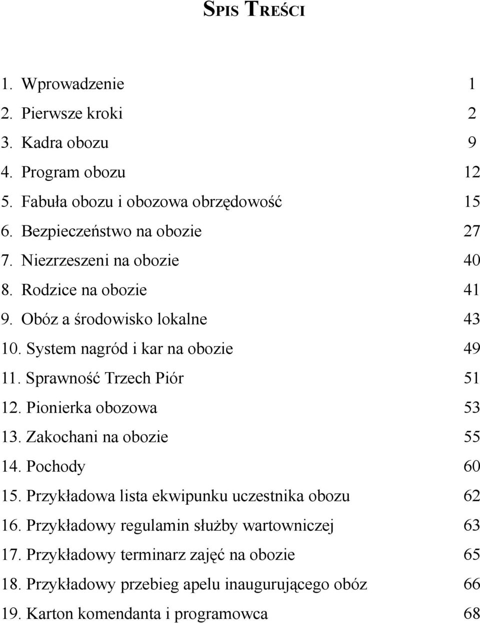 Sprawność Trzech Piór 51 12. Pionierka obozowa 53 13. Zakochani na obozie 55 14. Pochody 60 15. Przykładowa lista ekwipunku uczestnika obozu 62 16.