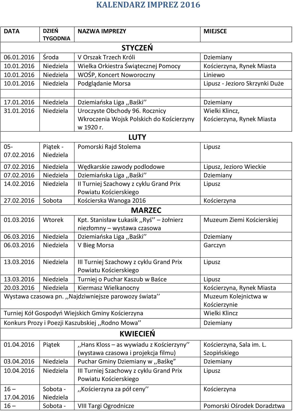 Wielki Klincz,, Rynek Miasta 05-07.02.2016 Piątek - LUTY Pomorski Rajd Stolema 07.02.2016 Wędkarskie zawody podlodowe, Jezioro Wieckie 07.02.2016 Dziemiańska Liga,,Baśki Dziemiany 14.02.2016 II Turniej Szachowy z cyklu Grand Prix Powiatu Kościerskiego 27.