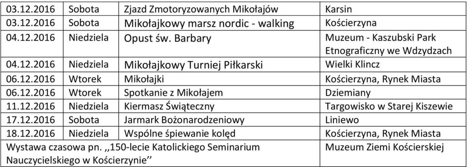 12.2016 Kiermasz Świąteczny Targowisko w Starej Kiszewie 17.12.2016 Sobota Jarmark Bożonarodzeniowy Liniewo 18.12.2016 Wspólne śpiewanie kolęd, Rynek Miasta Wystawa czasowa pn.