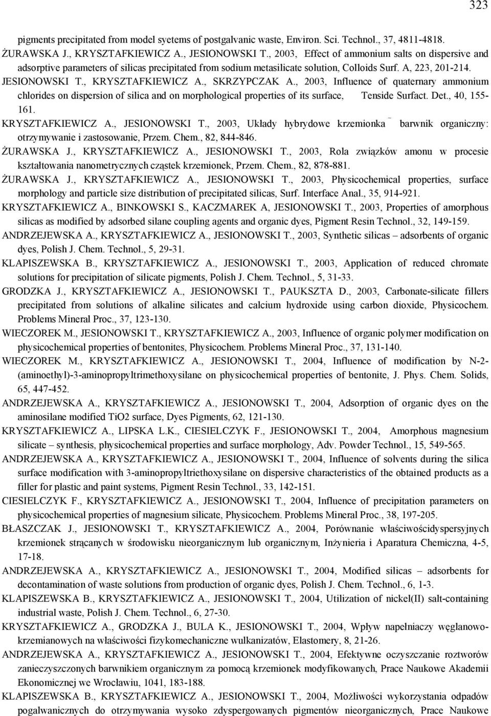 , SKRZYPCZAK A., 2003, Influence of quaternary ammonium chlorides on dispersion of silica and on morphological properties of its surface, Tenside Surfact. Det., 40, 155-161. KRYSZTAFKIEWICZ A.