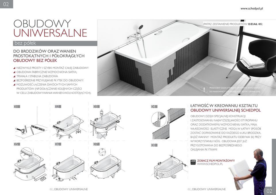 STABILNA ZABUDOWA BEZPOŚREDNIE PRZYKLEJANIE PŁYTEK DO OBUDOWY! MOŻLIWOŚĆ ŁĄCZENIA DWÓCH TYCH SAMYCH PRODUKTÓW (NP. DOŁĄCZANIE KOLEJNYCH CZĘŚCI W CELU ZABUDOWYWANIA WANIEN WOLNOSTOJĄCYCH).