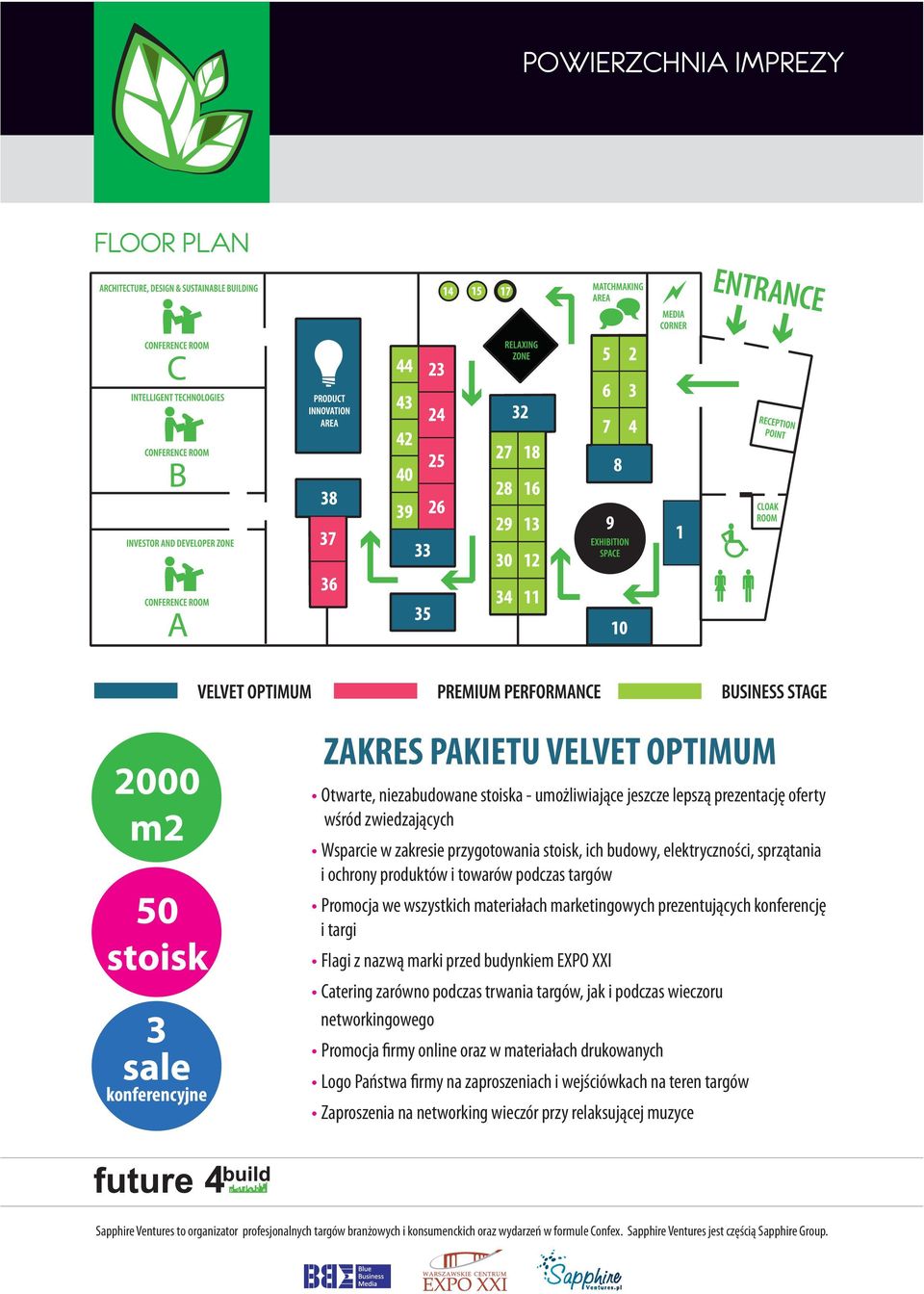 marketingowych prezentujących konferencję i targi Flagi z nazwą marki przed budynkiem EXPO XXI Catering zarówno podczas trwania targów, jak i podczas wieczoru