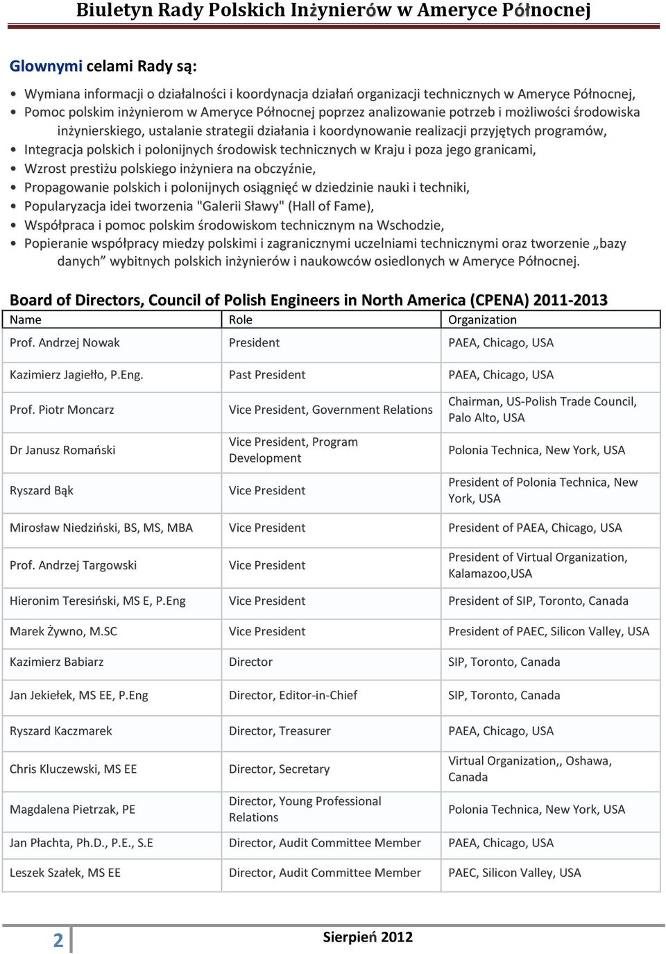 jego granicami, Wzrost prestiżu polskiego inżyniera na obczyźnie, Propagowanie polskich i polonijnych osiągnięć w dziedzinie nauki i techniki, Popularyzacja idei tworzenia "Galerii Sławy" (Hall of