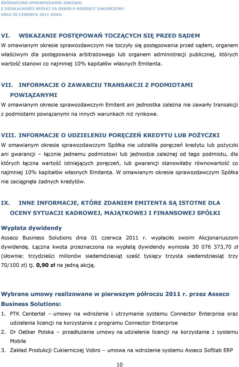 INFORMACJE O ZAWARCIU TRANSAKCJI Z PODMIOTAMI POWIĄZANYMI W omawianym okresie sprawozdawczym Emitent ani jednostka zależna nie zawarły transakcji z podmiotami powiązanymi na innych warunkach niż