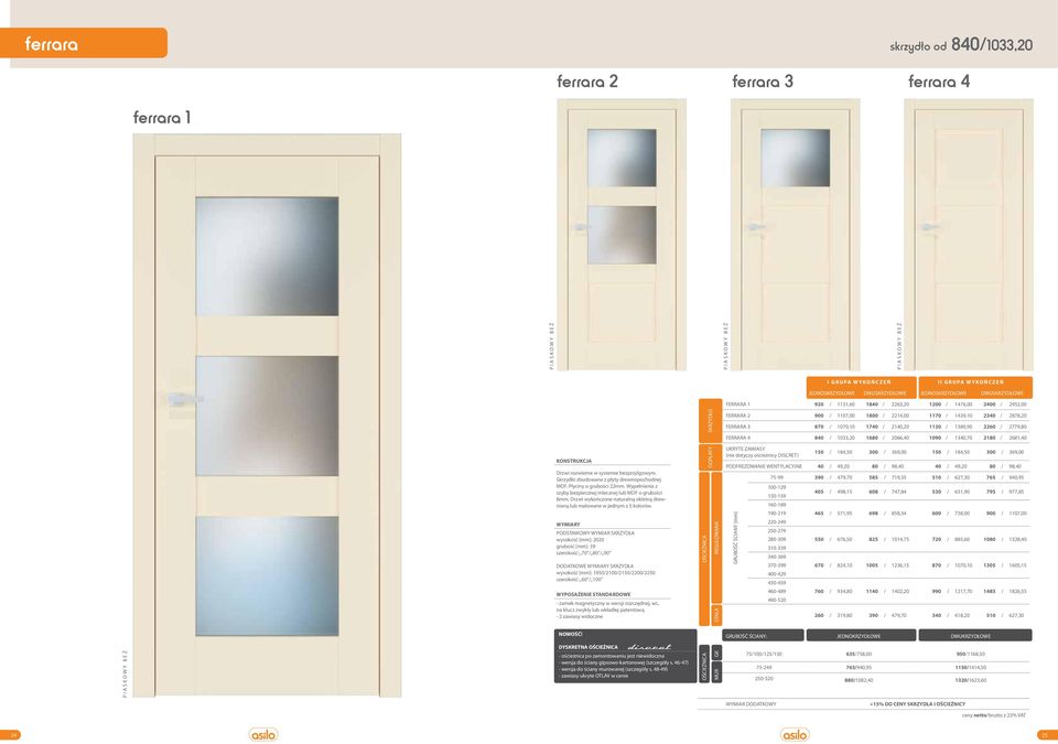 Drzwi wykończone naturalną okleiną drewnianą szerokość: 70 80 90 wysokość [mm]: 19502100215022002250 szerokość: 60 100 DOPŁATY SKRZYDŁO FERRARA 2 1800 2214,00 1170 1439,10 2340 2878,20 FERRARA 3 1740