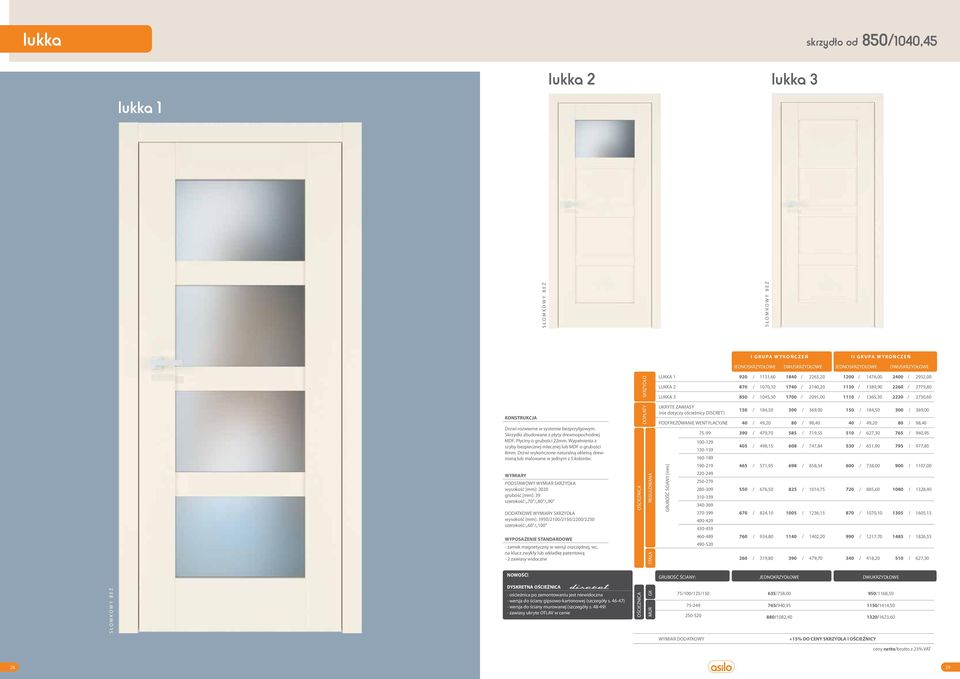 Drzwi wykończone naturalną okleiną drewnianą szerokość: 70 80 90 wysokość [mm]: 19502100215022002250 szerokość: 60 100 DOPŁATY SKRZYDŁO LUKKA 1 920 1131,60 1840 2263,20 1200 1476,00 2400 2952,00