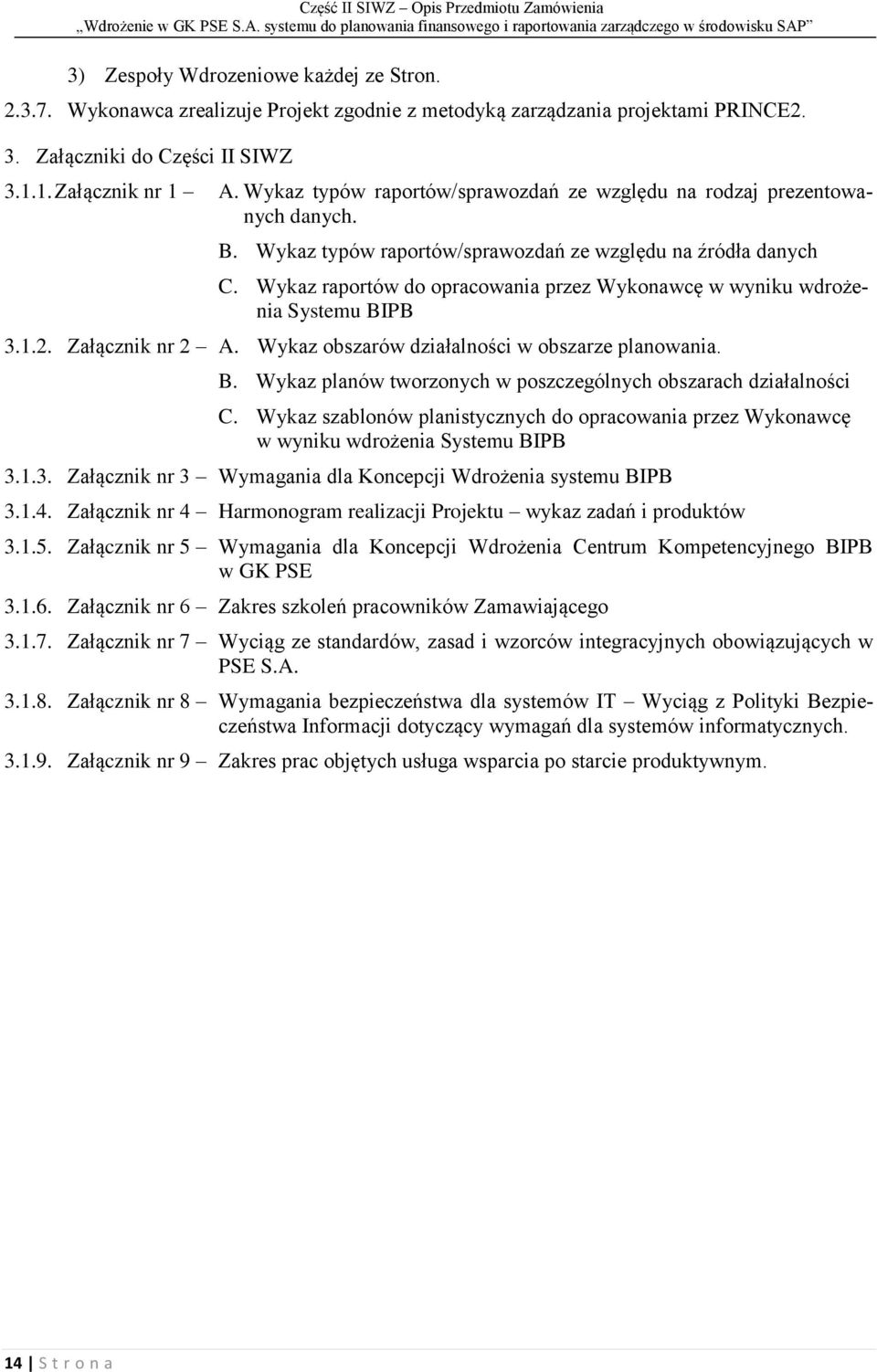 Wykaz raportów do opracowania przez Wykonawcę w wyniku wdrożenia Systemu BIPB 3.1.2. Załącznik nr 2 A. Wykaz obszarów działalności w obszarze planowania. B. Wykaz planów tworzonych w poszczególnych obszarach działalności C.