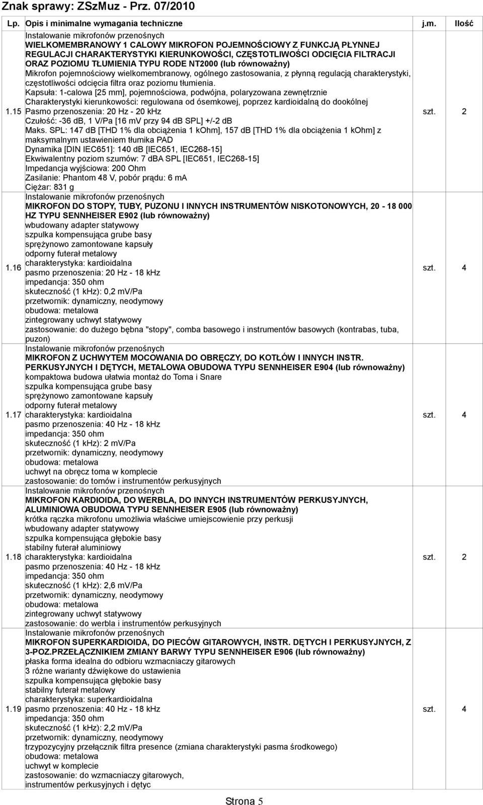 ODCIĘCIA FILTRACJI ORAZ POZIOMU TŁUMIENIA TYPU RODE NT2000 (lub równoważny) Mikrofon pojemnościowy wielkomembranowy, ogólnego zastosowania, z płynną regulacją charakterystyki, częstotliwości odcięcia