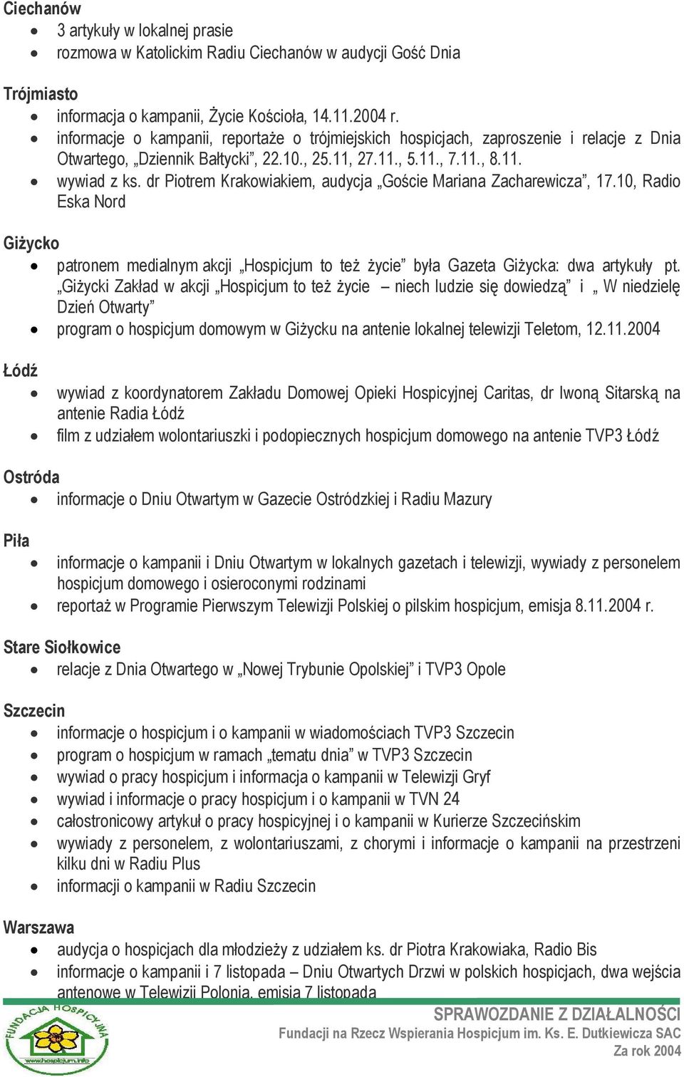 dr Piotrem Krakowiakiem, audycja Goście Mariana Zacharewicza, 17.10, Radio Eska Nord Giżycko patronem medialnym akcji Hospicjum to też życie była Gazeta Giżycka: dwa artykuły pt.