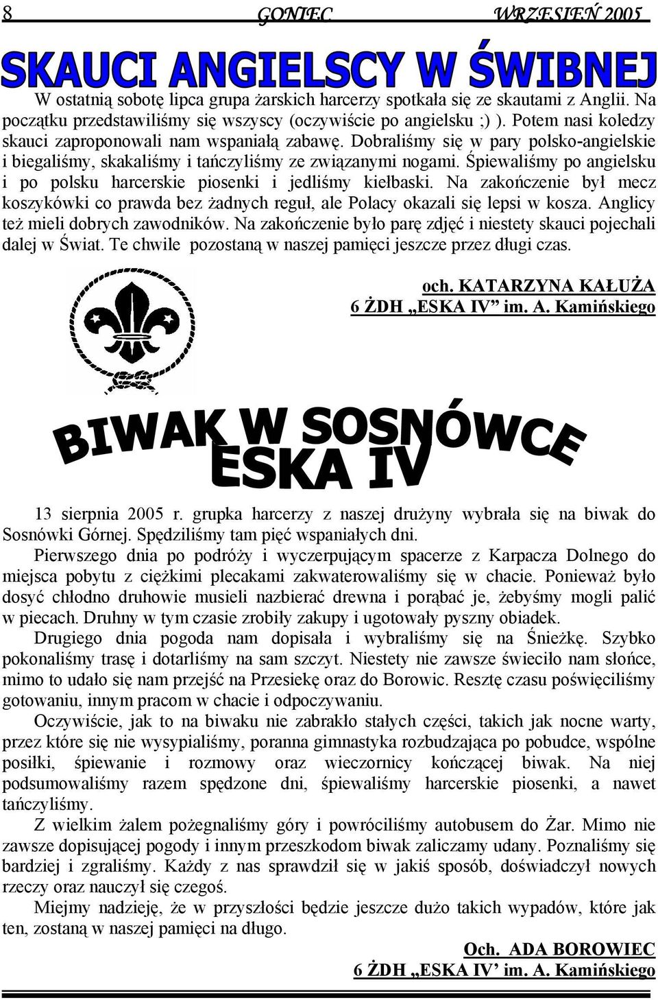 Śpiewaliśmy po angielsku i po polsku harcerskie piosenki i jedliśmy kiełbaski. Na zakończenie był mecz koszykówki co prawda bez żadnych reguł, ale Polacy okazali się lepsi w kosza.