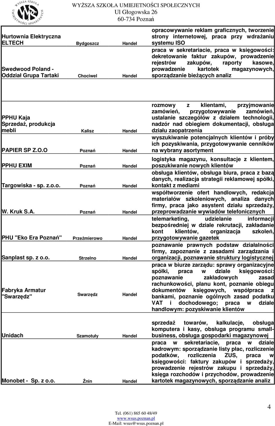 PPHU Kaja Sprzedaż, produkcja mebli Kalisz Handel PAPIER SP Z.O.O Handel PPHU EXIM Handel Targowiska - sp. z.o.o. Handel W. Kruk S.A. Handel PHU "Eko Era " Przeżmierowo Handel Sanplast sp. z o.o. Strzelno Handel Fabryka Armatur "Swarzędz" Swarzędz Handel Unidach Szamotuły Handel Monobet - Sp.